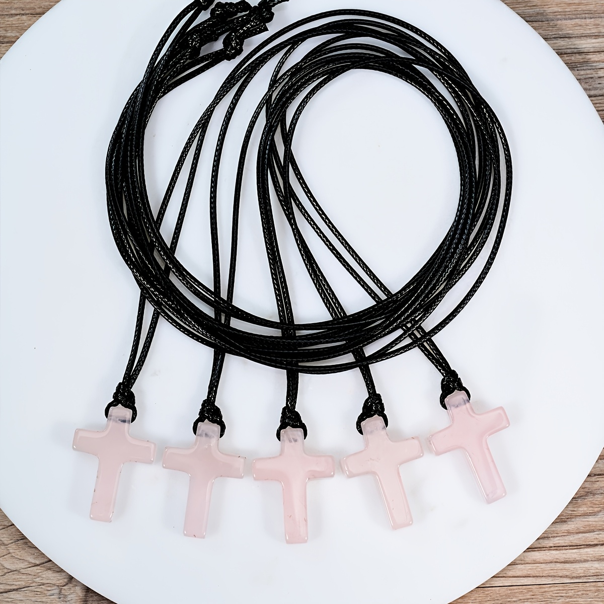 Rose Quartz Cross Pendant Necklace, Retro Style